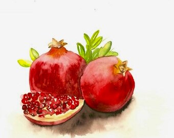 Red Pomegranate Watercolor Artwork, Original Painting