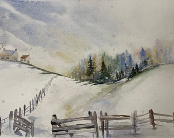 Snowy Village Artwork- Peinture à l’aquarelle originale non encadrée - Winter Vibes