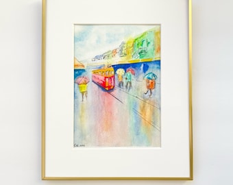 Rainy Day Painting, Original Watercolor Artwork, Gift for her