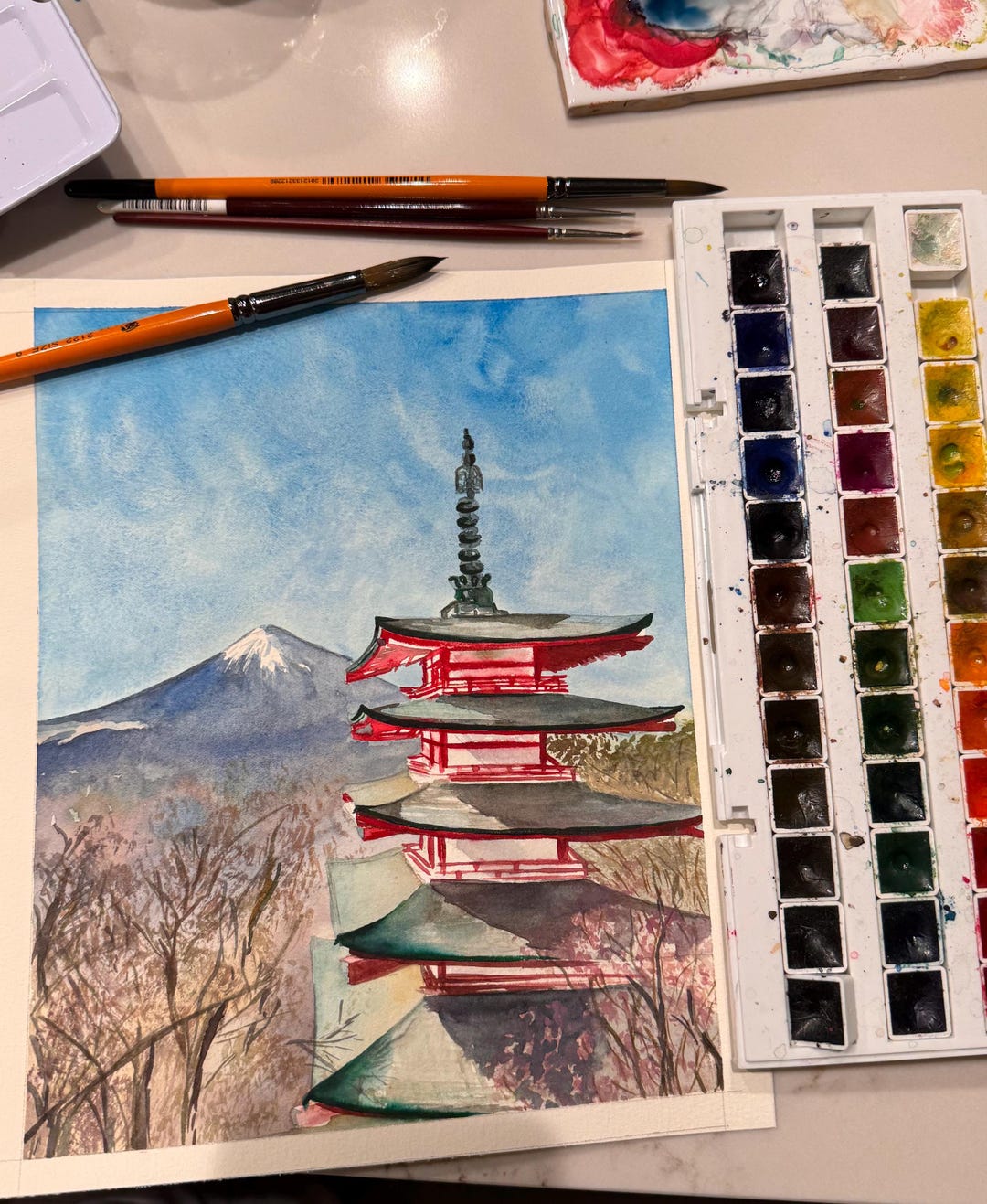 Mt. Fuji Watercolor Painting | Original Japanese Pagoda Art (8x10 ...
