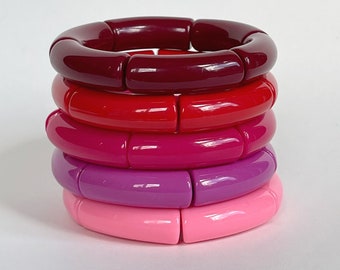 Reds & Pinks // Acrylic Beaded Tube Bead Bracelets // Boca Acrylic Bangle Bracelet