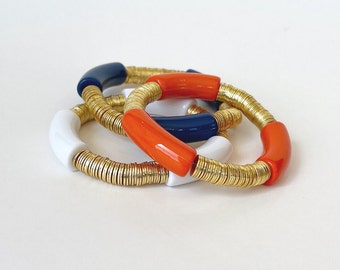 Astros Bracelet Stack | Blue and Orange Acrylic Bangle with Gold Discs | Houston Astros Jewelry | Game Day Jewelry | Acrylic Tube Bracelet
