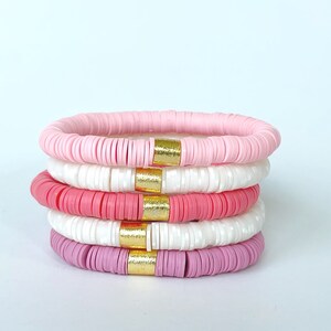 Tutti Frutti | Pink Heishi Disc Bracelet Stack | Pink Beaded Clay Disc Bracelet Gifts for Her | Mix and Match Jewelry | Ombre Bracelet Stack