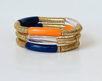 H-Town GAME DAY bangle | Acrylic Bangle with Gold Discs | Beaded Bracelet Stack | Houston Astros Jewelry | Blue Orange Baseball Jewelry