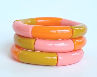 Orange Beach - Boca Acrylic Bangle Bracelet // Beaded Sunset Stack // Resin Tube Stretch Bracelet // Mix and Match Orange Peach Jewelry