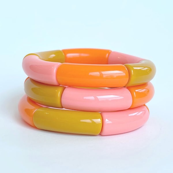 Orange Beach - Boca Acrylic Bangle Bracelet // Beaded Sunset Stack // Resin Tube Stretch Bracelet // Mix and Match Orange Peach Jewelry