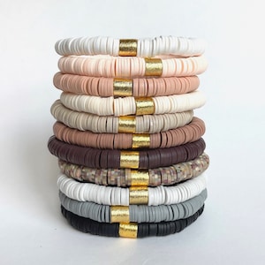 Neutral Heishi Disc Bracelets | Clay disc bracelets with silver | Heishi Clay disc bracelet | Neutral Heishi Bracelet Stack for Women
