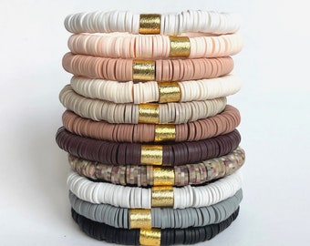 Neutral Heishi Disc Bracelets | Clay disc bracelets with silver | Heishi Clay disc bracelet | Neutral Heishi Bracelet Stack for Women