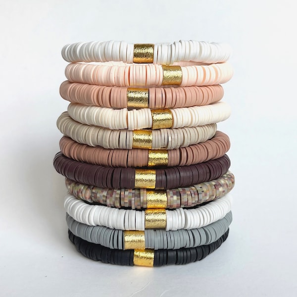 Neutral Heishi Disc Bracelets | Clay disc bracelets with silver | Heishi Clay disc bracelet | Neutral Heishi Bracelet Stack for Women