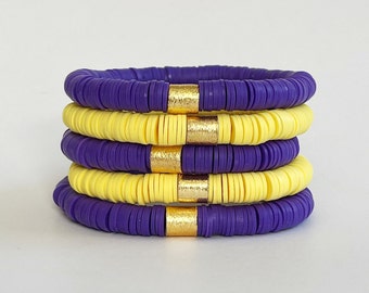 Purple and Yellow Heishi Clay Disc Bracelets | School Colors Heishi Bracelet Stack | Game Day Jewelry | Purple Gold Jewelry | LSU Tigers