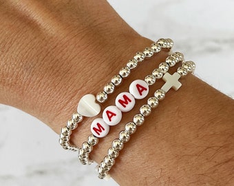 Mama Bracelet Stack, Gold Bead Bracelet with Heart, Custom Heart Bracelet, Mom Gifts for Mothers Day, Grandma Bracelet with Grandkids Names