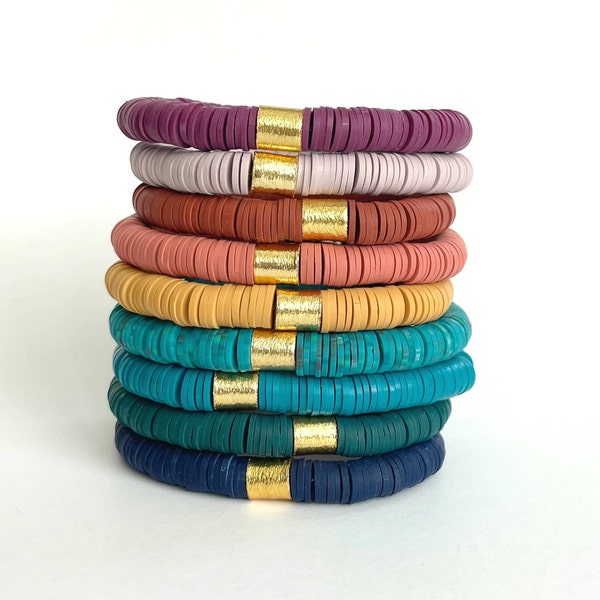 Fall Heishi Bracelet Stack, Clay Disc Bracelet, Fall Bracelet Clay Beads, Jewel Toned Heishi Bracelets, Preppy Bracelet Stack Stretchy