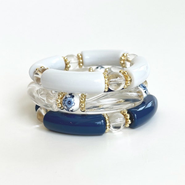 Blue and White Porcelain Bracelet, Blue and White Beaded Bracelets, Acrylic Tube Bracelet, Glass Bead Bracelet, Bamboo Bracelet Stack