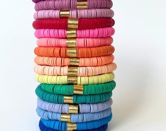 NEW Summer Heishi Bracelets | Bright Heishi Clay Disc Bracelet Stack | Colorful Stackable Heishi Bracelet Stack