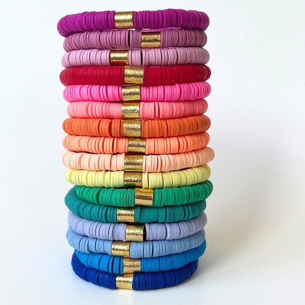 NEW Summer Heishi Bracelets | Bright Heishi Clay Disc Bracelet Stack | Colorful Stackable Heishi Bracelet Stack