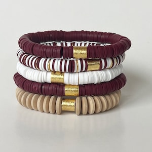 GAME DAY Maroon and White Heishi Bracelet Stack | Maroon White Wood Bracelet | School Color Gifts | Texas A&M Aggies | Maroon Bracelet Set