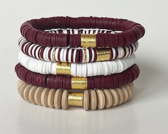 Maroon Bracelet Set, Maroon and White Graduation Gift for Her, Texas A&M Aggies, Mississippi State, Heishi Bracelet Stack, 2024 graduation