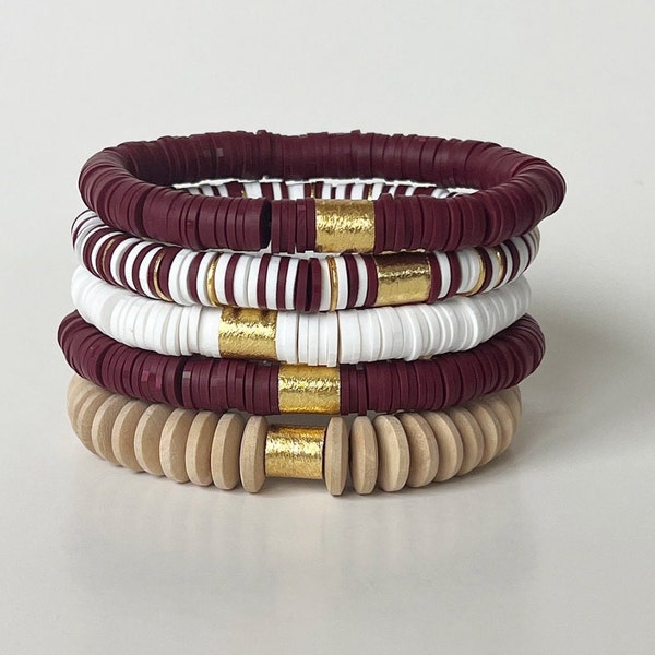 GAME DAY Maroon and White Heishi Bracelet Stack | Maroon White Wood Bracelet | School Color Gifts | Texas A&M Aggies Mississippi State