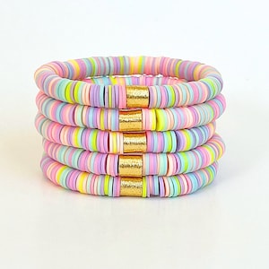 Pastel Rainbow Bracelet Set, Spring Gifts for Women, Clay Bead Bracelets Small Business, Pink Heishi Bracelet, Easter gifts for Teens