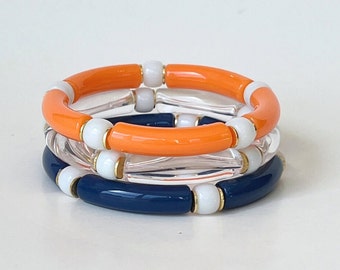 Houston Astros Bracelet Stack | Astros Jewelry | Acrylic Bangle Bracelet Stack | Blue and Orange Beaded Bracelet | Acrylic Tube Bracelet