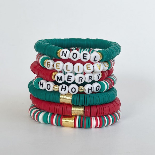 Red and Green Heishi Disc Bracelets | Holiday Bracelet Stack | Personalized Heishi Bracelet with Words | Clay Disc Bracelet Stack