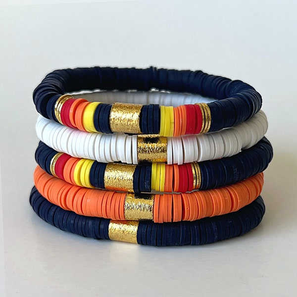 Stros Stack | Personalized Orange and Blue Heishi Bracelets Houston Astros Game Day | Astro Baseball bracelet for women | Beaded Jewelry