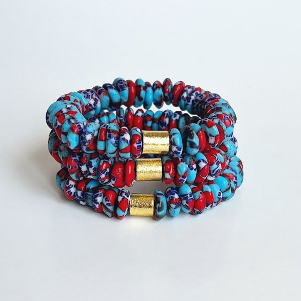 Liberté | Bracelet de perles de verre bleu blanc rouge | Pile de bracelets du 4 juillet | Bracelet de perles de verre africaines | Bracelet patriotique USA