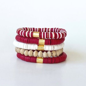 Crimson and White Heishi Bracelet Stack, Crimson Game Day Bracelets, Arkansas Razorback, Oklahoma Bracelet, Crimson heishi bracelet stack OU