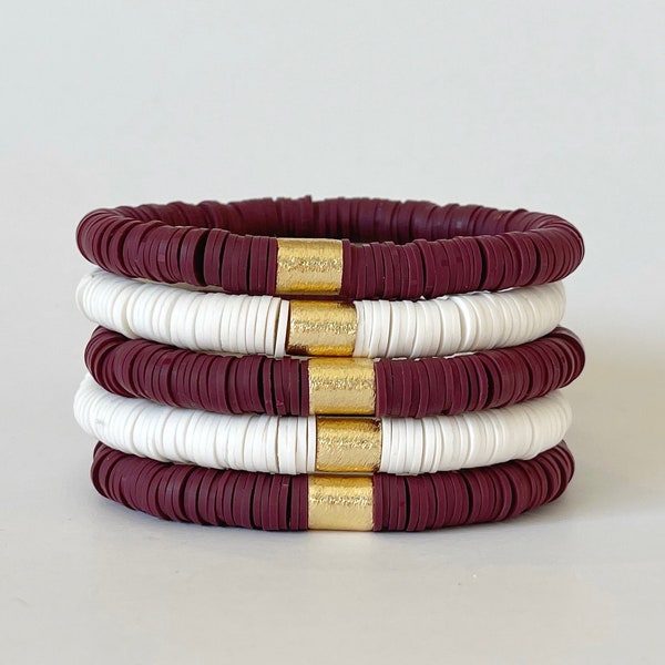 GAME DAY Stack Maroon and White Heishi Bracelets // College High School Graduation Gifts for Her // Texas A&M Aggies Mississippi State