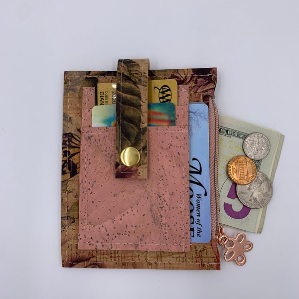 Ladies Cork Leather Fabric ID Wallet, Roses Garden Cork with Solid Rose Cork Accents