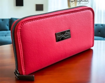 Red Faux Leather Classic Zip Around Wallet, Handmade