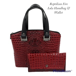 Bolso de mano Lola con cúpula y cartera de arquitecto a juego, piel sintética de color fuego reptil