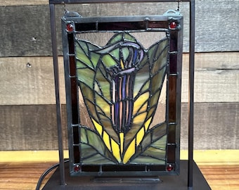 Tiffany Style Hanging Stained Glass Flower Panel Light 11” Tall