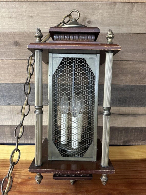 Vintage MCM Swag hängende 3 Kerzen Holz Mesh Messing