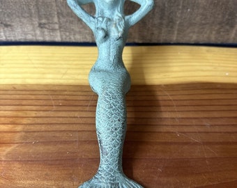 Mermaid statue Green Cast Iron heavy metal figurine sculpture Shelf Sitter-flaw