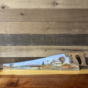 Vintage Handpainted Hand Saw Blade, Farm Scene Signed by Artist