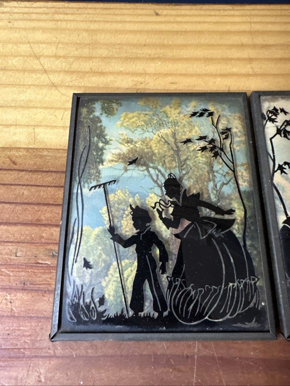 絵画 ガラス額付き 凸面ガラスに描かれたヴィンテージシルエットの裏面絵画2点 - Etsy 日本