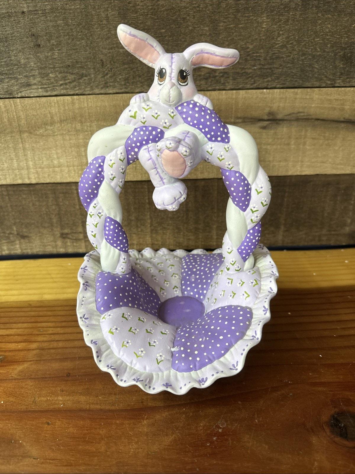 Hand Painted Ceramic Easter Bunny Basket Quilted 1980s Purple 10.5