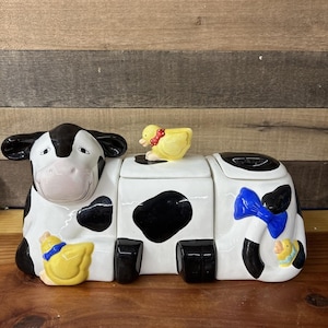 Vintage Coco Dowley Cow Holstein 3 Piece Cookie Jar Set -flaw