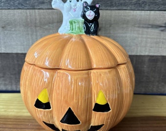 Barattolo per biscotti a forma di Jack O' Lantern con gatto nero e fantasma