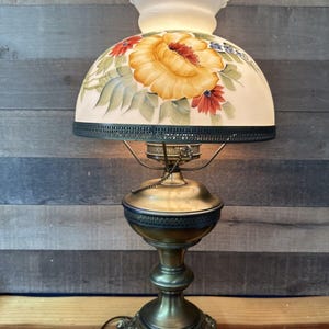 Yellow Floral Hurricane Lamp Brass Base 24”