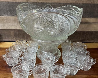 Large McKee Etched Glass Punch Bowl With Stand And 18 Cups