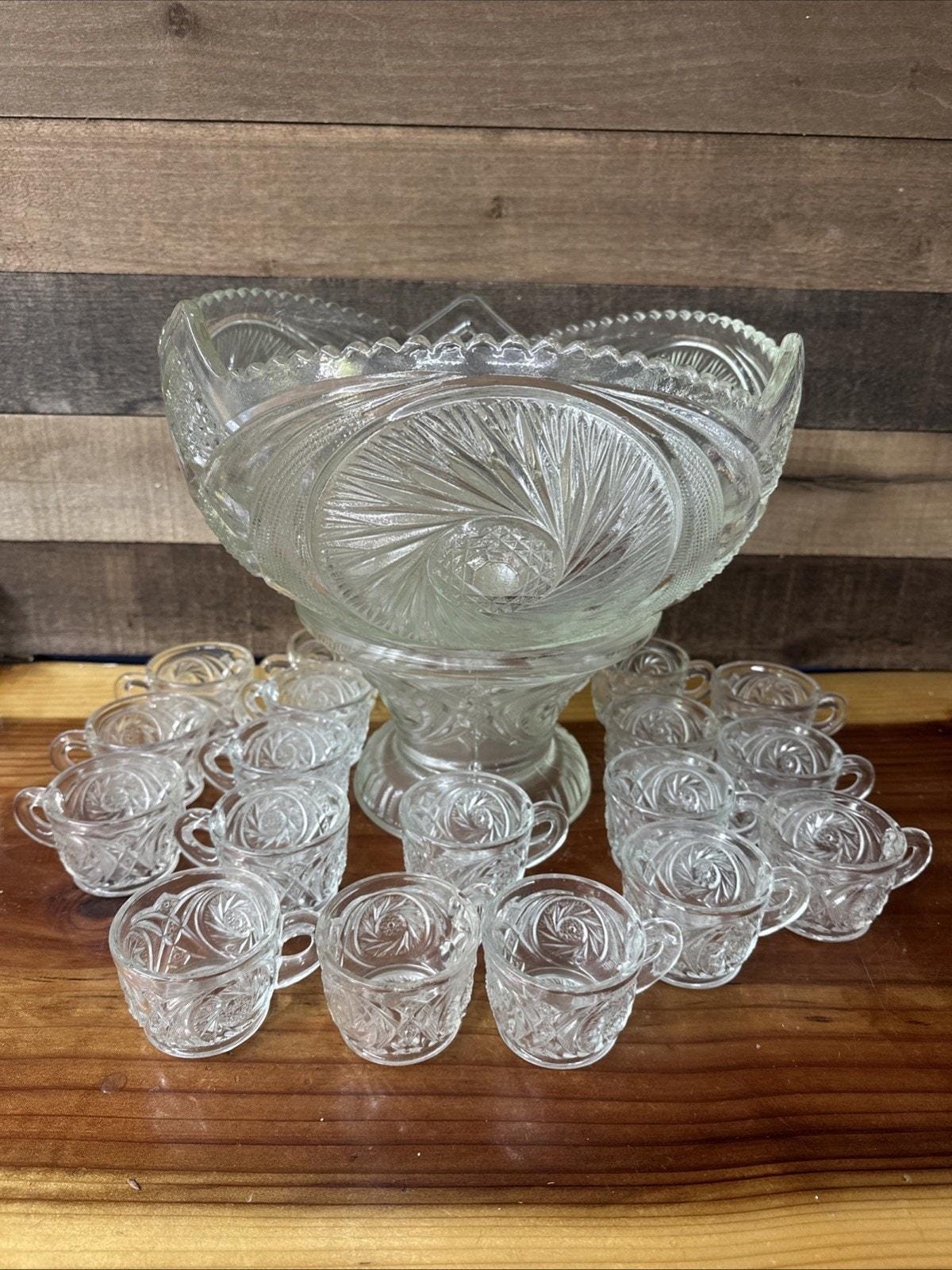 Large Mckee Etched Glass Punch Bowl With Stand and 18 Cups - Etsy