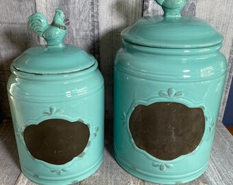 Rooster teal farmhouse canisters