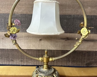 Vintage French Ormolu Porcelain Flowers Tole Toleware Boudoir Gold Circle Lamp