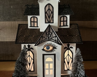Pier 1 Lighted White Halloween Haunted House Cardboard 12”-flaw