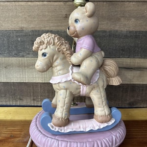 Rare Vintage Handpainted Ceramic Bear Riding Rocking Horse Lamp