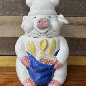 Vintage Farmhouse Cookie Jar Chubby Chef Pig 10.5x7
