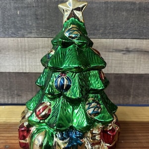 Vintage Ceramic Christmas Tree Presents Metallic Cookie Jar 11”