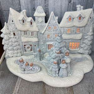 Vintage ceramic mold village scene lighted blue sparkly 16”